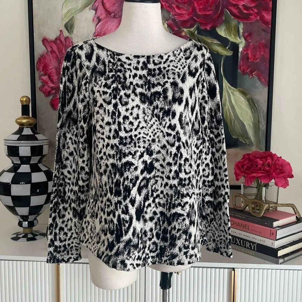 Chico's Women's Animal Print Boat Neck Long Sleeve Blouse Black White Large